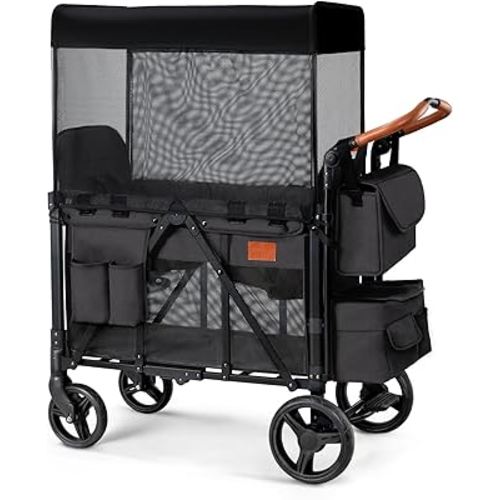 Wagon Stroller for 2 Kids, High Seat & 5 Point Harness, Foldable All-Terrain Wagon for Toddler with Canopy, Parent Organizer, Shoulder Bag, Adjustable Handlebar, Ultimate Double (Black)