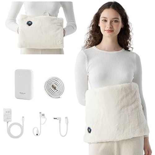 Bedsure Portable Heating Pad for Abdomen, Hands & Body - Cordless Electric Heating Warmer with 6 Heat Levels, Auto Shut-Off, 4-10H Battery Life, Faux Fur, Gift for Women & Mom, White, 12.5x19 in
