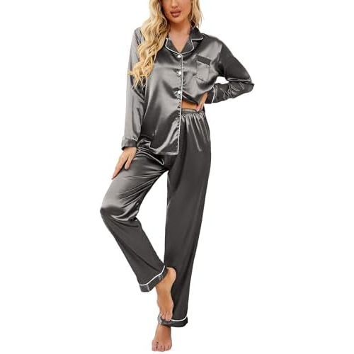 Ekouaer Women's Classic Button Down Long Satin Silk Pajama Set