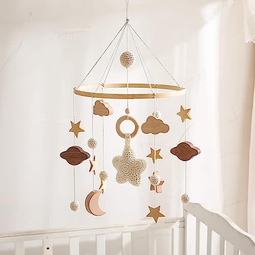 let's make Boho Baby Crib Mobile for Boys and Girls, Stars, Clouds, Moon | Hand-Crocheted Nursery Mobile for Crib, Gender-Neutral Design for Early Visual Tracking, Ages 0-5 Months