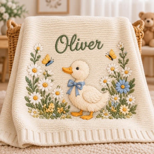 Personalized Little Duckling Garden Embroidered Baby Blanket, Custom Name Floral Nursery Blanket, Sweet Newborn Baby Gift