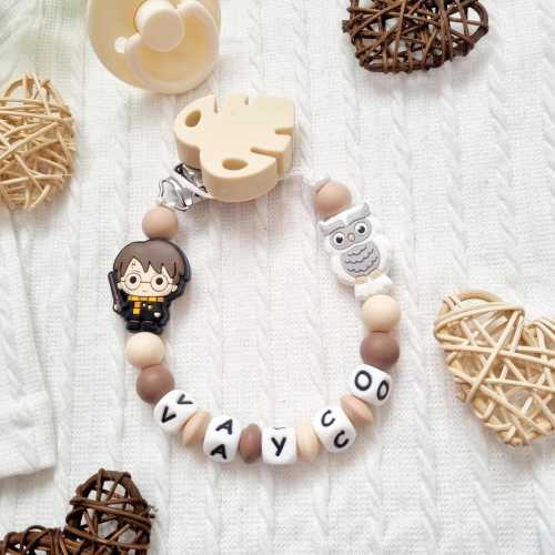 Harry Potter Baby Personalized Pacifier Clip - Beige and Brown Silicone Beads - Gift