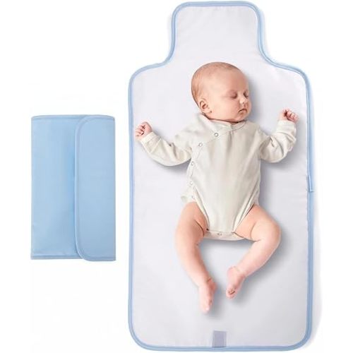 GYMFITS Portable Changing Pad for Travel Blue, Waterproof, Compact Diaper Changing Mat with Built-in Pillow