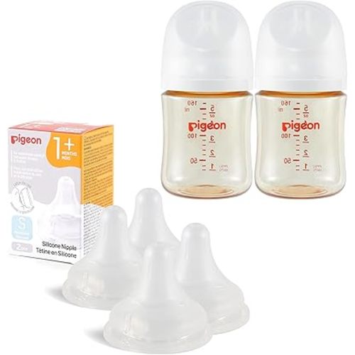 Pigeon PPSU Baby Bottle(5.4 Oz, Pack of 2) with 4 Latch-On Line Silicone Nipples, Newborn Feeding Set(0~3M)