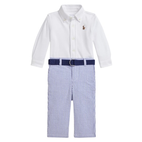 Cotton Button-Up Shirt, Stripe Pants & Belt Set