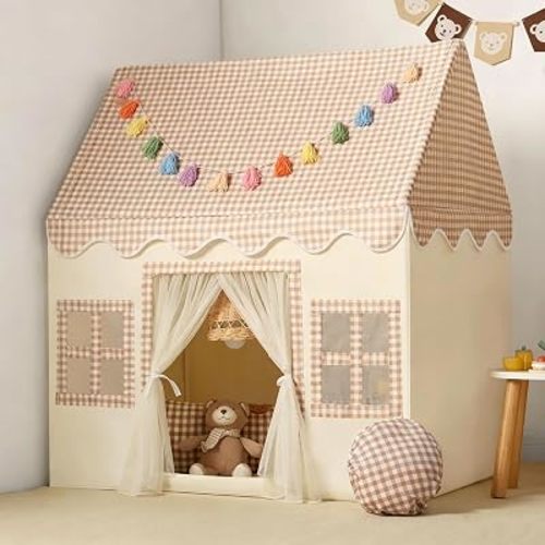 Kids Play Tent Indoor: with Brown Checkered, Mat, Rainbow Tissue Garland - Girl Tent Indoor Playhouse for Girls Kids Toys for Boy Girl BAirthday for Kids Gift