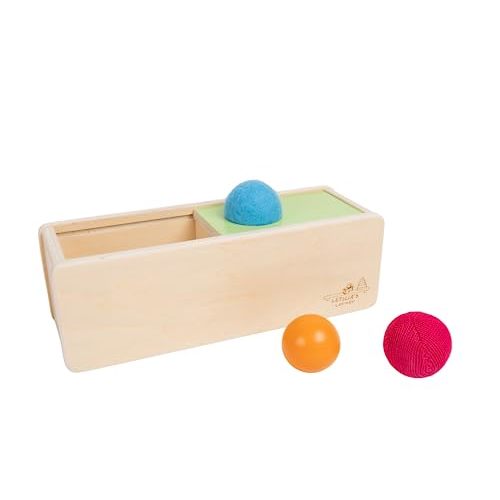 Montessori-Inspired Wooden Object Permanence Box, Sliding Top Box with Felt, Wooden and Knitted Balls, Imbucare Box, Ball Drop, Montessori Toy for Babies 6 Months and Older