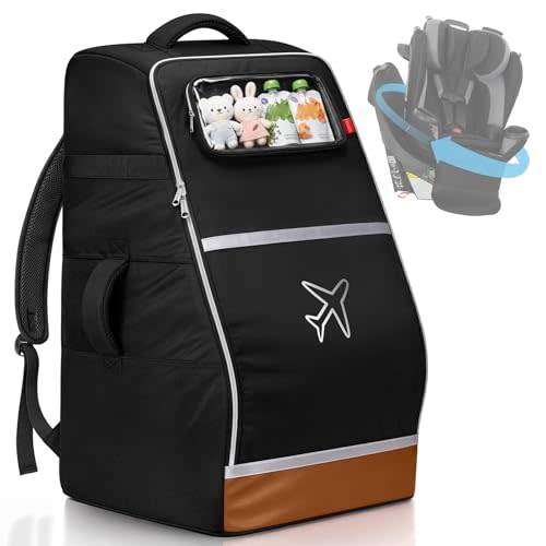 YOREPEK Car Seat Travel Bag for 360 Rotating Convertible Seats | Padded Gate Check Carseat Backpack for Airplane with Tracker Pocket for AirTag, Large Capacity with See-Through Pocket, Black