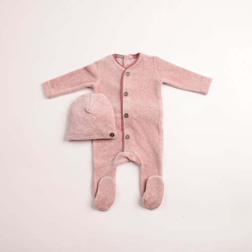 Bee & Dee Old Rose Print Trim Velour Footie/Beanie