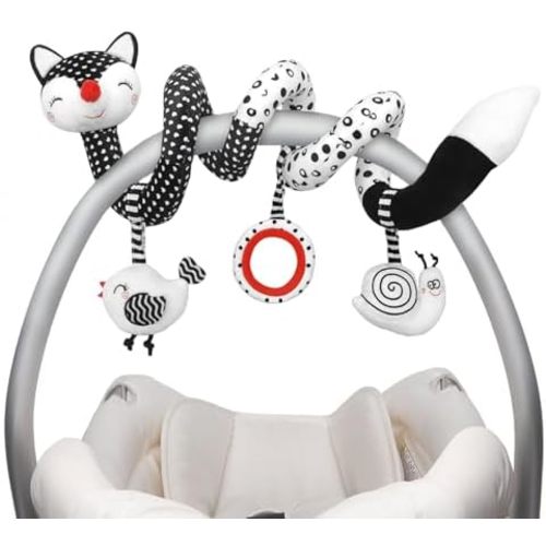 Euyecety Baby Spiral Plush Toys, Black White Stroller Toy Stretch & Spiral Activity Toy Car Seat Toys, Hanging Rattle Toys for Crib Mobile, Newborn Sensory Toy Best Gift for 0 3 6 9 12 Months Baby-Fox