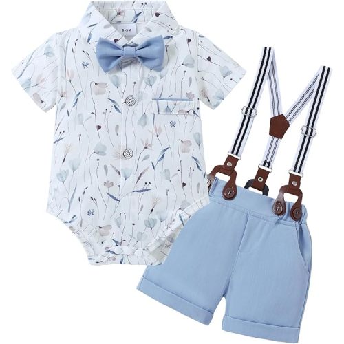 ZOEREA Baby Boy Clothes Suit Infant Short Sleeve Gentleman Outfits Dress Shirt+Bowtie+Suspender Shorts 0-18M