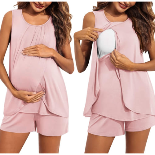Ekouaer Women Maternity Nursing Pajama Set Breastfeeding Sleepwear Double Layer Sleeveless Top & Shorts Pregnancy PJS