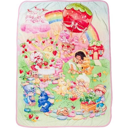 Silver Buffalo Care Bears and Strawberry Shortcake 45” x 60” Fleece Throw, Soft and Cozy Blanket, 250 GSM
