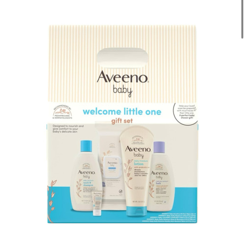 Aveeno Baby Welcome Little One Gift Set, Baby Skincare Set with Nourishing Baby Body Wash & Shampoo, Calming Bath Wash, All Over Baby Wipes, Daily Moisturizing Lotion, & Baby Balm, 5 Items