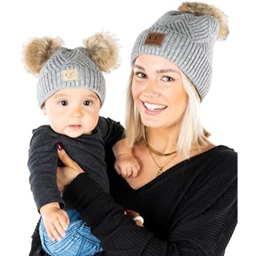 Funky Junque Mommy & Me Double Pom Beanies – Mama & Mini Matching Winter Outfits, Mom & Infant Baby Girl Beanie Hat Set