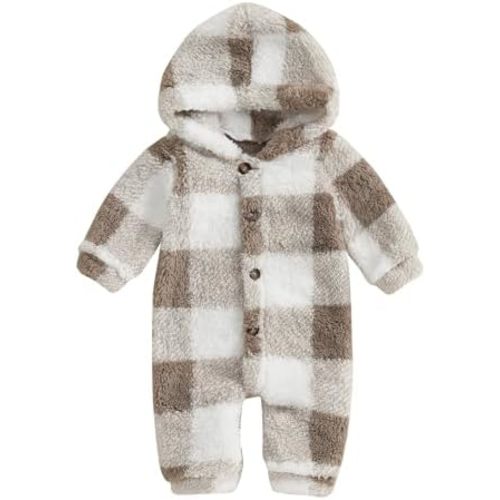 Dcohmch Baby Boy Girl Winter Clothes Checkered Hooded Jumpsuit Plush Fleece Zip-up Coat Newborn Infant Winter Suit