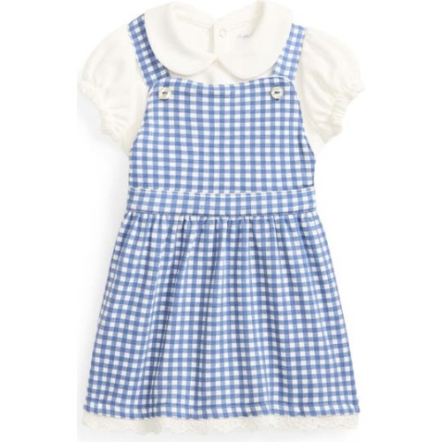 Kids' Polo Collar Cotton Romper & Gingham Pinafore Dress Set, 12M