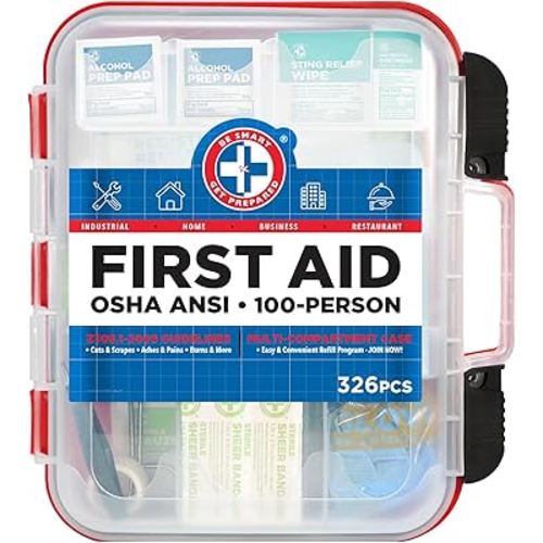 Be Smart Get Prepared First Aid Kit Hard Red Case 326 Pieces Exceeds OSHA and ANSI Guidelines 100 People - Office, Home, Car, School, Emergency, Survival, Camping, Hunting and Sports (20HBC01015REV3)