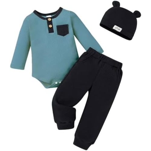Happy Town Newborn Baby Boy Clothes Waffle Knit Long Sleeve Romper Solid Color Pants Set with Hat Infant Fall Winter Outfit
