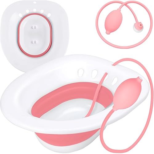 Pochik Sitz Bath for Toilet Seat Hemorrhoids and Postpartum Care, Yoni Steam Seat, Perineal Soaking, Collapsible, Flusher Hose, Drain Holes, Wider Seating Area - Magenta