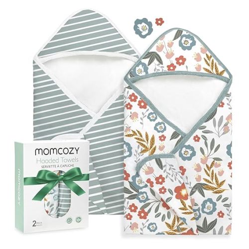 Momcozy Baby Towel with Hooded-2 Pack Soft Bath Towel Set-Shower Gifts or Bath Essential for Infant,Newborn, Toddler (28 X 28 Inch, Petite Blossom)