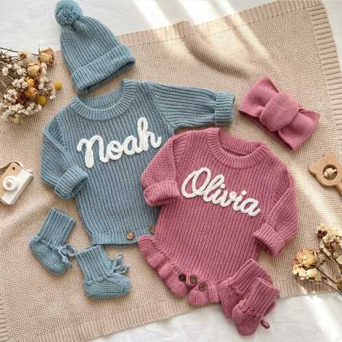 Hand Embroidered Name Baby Romper Set,Personalized Outfit, Baby Boy Romper Baby Girl Romper, Coming Home, Organic Cotton Knit,Gender Neutral