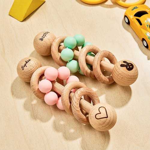 Personalized Wooden Baby Rattle – Custom Engraved Name Toy, Baby Shower or First Birthday Gift