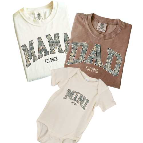 Camo Family Matching Shirts: Dad, Mom, Mini Est. 2026 Pregnancy Announcement Outfit, Retro Camo Western, Country Camo Shirt
