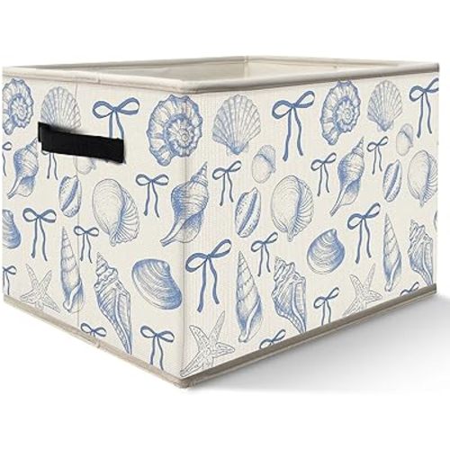 Nogrit Coquette Blue Bow Beach Storage Bins Box, Toybox for Girls, Preppy Coastal Seashell Foldable Baskets Organizer Container with Handles for Girls Bedroom Dorm Bathroom Clothes Toys Books