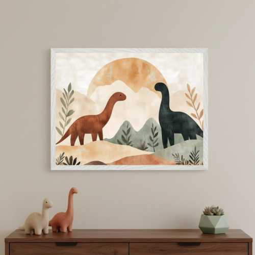 Dinosaur Nursery Framed Wall Art - Neutral Colors, Mountain Scene
