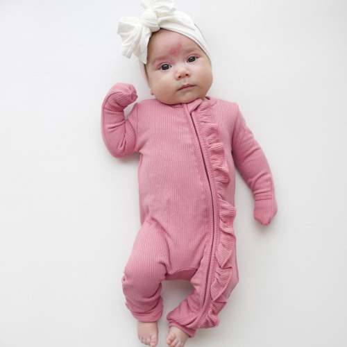 Ribbed Ruffle Zipper Romper in Apple Blossom