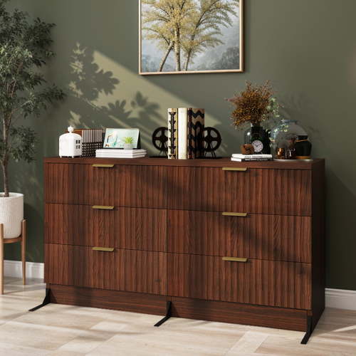 Uforic 6-Drawer Fluted Dresser with Double Anti-Tip Devices, MDF Chest of Drawers, Walnut