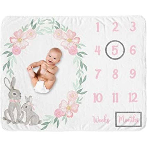 Sweet Jojo Designs Woodland Bunny Girl Milestone Blanket Monthly Newborn First Year Growth Mat Baby Shower Memory Keepsake Gift Picture - Blush Pink Mint Green Grey Boho Floral Watercolor Rose Flower
