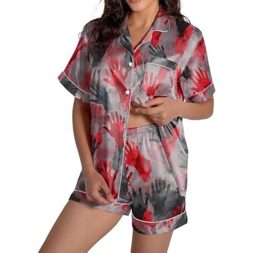 Halloween Pajamas Women 2025 Silk Satin Button Up Shirt And Shorts Pjs Sets 2 Piece Matching Sets Casual Sleepwear