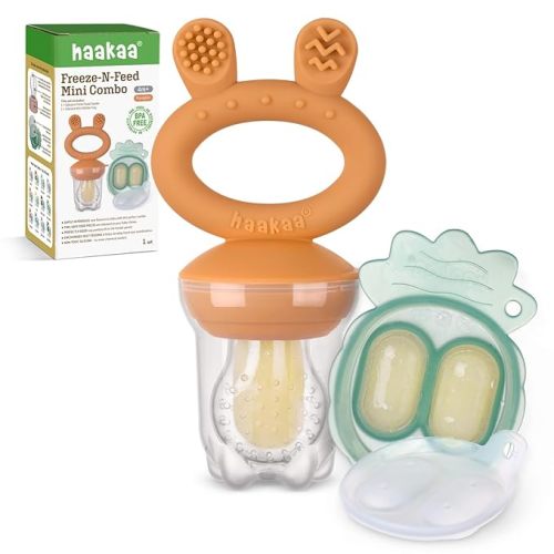 Haakaa Baby Fruit Food Feeder & Mini Freezer Nibble Tray Combo, Breastmilk Popsicle Molds for Baby Cooling Relief, BPA Free Silicone Feeder for Safe Infant Self Feeding, 4 Month+ (Blue)