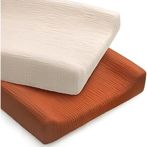 Pro Goleem Muslin Changing Pad Cover for Boys and Girls, Soft Breathable Fitted Cotton Diaper Changing Table Pad Sheets, Neutral, 2 Pack (Brown＆Beige)