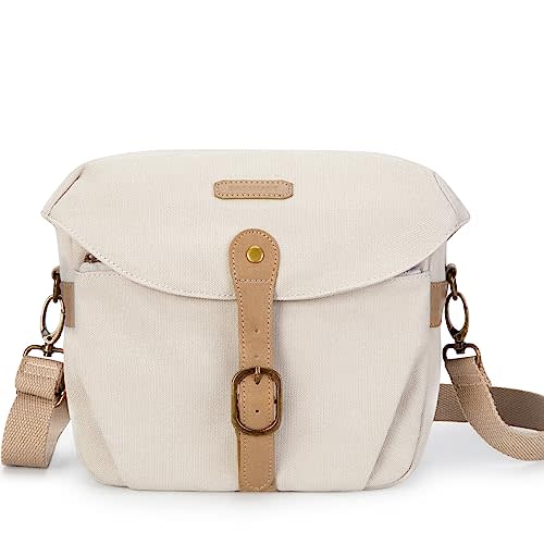 BAGSMART Canvas Crossbody Camera Bag with Rain Cover Women Men, Ivory White | SLR DSLR Camera Case, Compact Camera Shoulder Bag