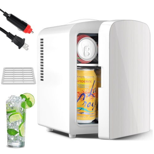 Auseo Mini Fridge Cooler Personal, Countertop, Portable 4L/6 Can Electric Plug In Cooler & Warmer for Food, Drinks, Skincare Beauty & Makeup, Stainless Steel, 12V AC/DC, Elegant White