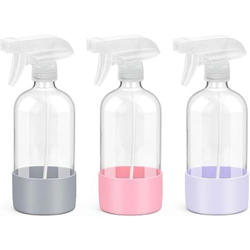 Glass Spray Bottles with Silicone Sleeve Protection, Empty 16 oz Refillable Containers, Reusable Spray Bottles for Hair, Cleaning Solutions, 3 Pack Grey&Pink&Purple