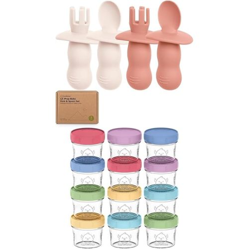 Keababies 4-Pack Silicone Baby Spoons and Forks Set and 12-Pack Baby Food Glass Containers - Baby Spoon Self Feeding, BLW Baby Utensils - 4 oz Leak-Proof, Microwavable, Baby Food Storage Container