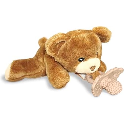 RaZbaby Bear RaZbuddy w/RaZberry Teething Relief Pacifier – Soothes Sore Gums w/Nature-Inspired Texture, 100% BPA-Free Silicone Teether, Detachable Stuffed Animal – 3 Months+ Teether, Coconut