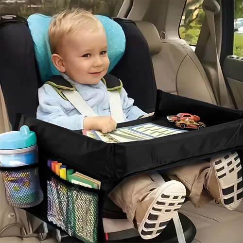1PC Car Seat Travel Tray – Foldable Expandable Polyester Tray with Multi-Pocket Storage, Perfect for Kids, Youngsters, and Backseat Organization on Trips