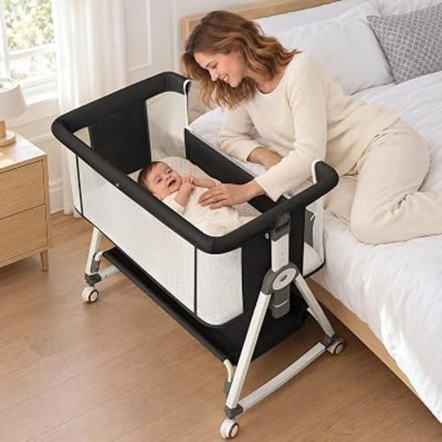 3 in 1 Baby Bassinets Bedside Sleeper, Easy to Assemble & Portable Bedside Crib for Newborns with Storage Basket, Lockable Wheels & Breathable Mattress, 6-Position Height Adjustment