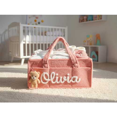Custom Name Basket & Bear: Personalized Baby Shower Gift, Soft Storage Bin with Side Pockets