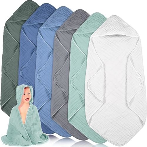6 Pcs Muslin Hooded Baby Towels, 32"x 32" Cotton Newborn Bath Towel Muslin Infant Baby Blankets Absorbent Unisex Newborn Registry Gift Essentials for Girls Boys (Blue Series)