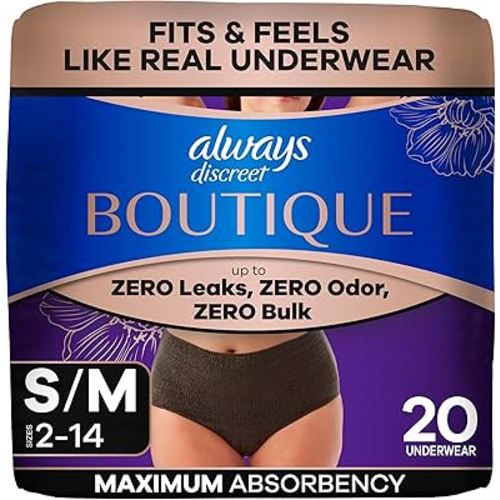 Always Discreet Boutique Incontinence and Postpartum Underwear for Women, Maximum Protection, Small/Medium, Black, 20 Count