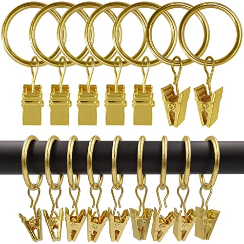LLPJS 100 Pack Curtain Rings with Clips, Curtain Clip Rings Hooks, Bow Hanger Clips for Hanging Drapery Drapes Bows, Ring 1 inch Interior Diameter, Fits up to 5/8" Rod, Gold
