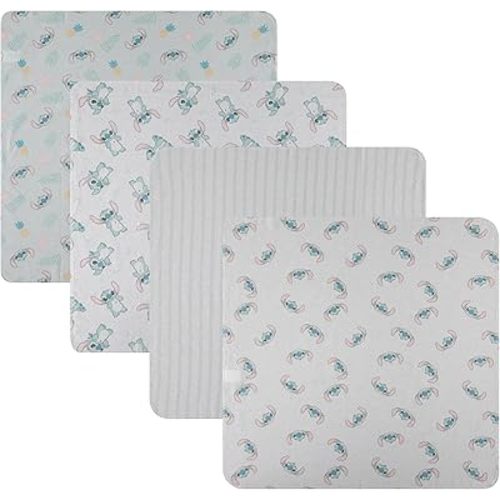 Disney Baby 4-Pack Receiving Blankets — 100% Cotton Flannel, 28" x 28" — Available in Mickey, Minnie, Pooh, Stitch or Angel — Soft Swaddle, Burp & Stroller Blankets — Gift-Ready with Ribbon Bow