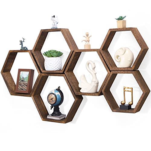 NOVIMANGO Hexagon Floating Shelves Set of 6 Honeycomb Shelves for Wall Wood Farmhouse Storage Home Decor Shelf Wall Mounted Wooden Hexagonal Shelves for Bedroom Living Room Nursery, Rustic Brown