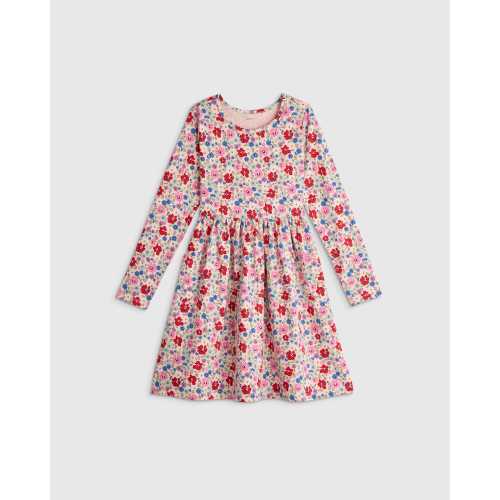 Organic Cotton Long Sleeve Fit and Flare Pocket Dress - Toddler Girl in Red Poppy Floral